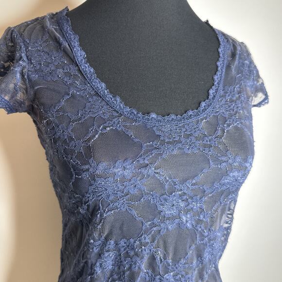 Y2k Down East Basics Womens S Navy Blue Stretchy Sheer Floral Lace T Shirt Top - Picture 6 of 11